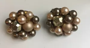 Vintage Cooper Tone Earrings Clip-on With Pearls Women's Jewelry JAPAN Signed - Picture 1 of 10