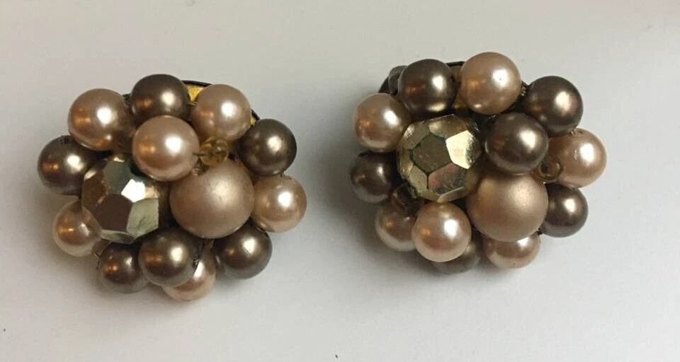Vintage Cooper Tone Earrings Clip-on With Pearls Women's Jewelry JAPAN Signed - Image 1 of 4