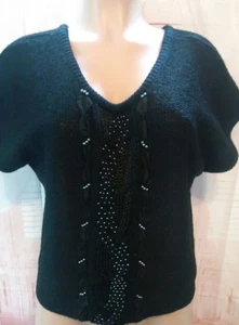 Vintage 70s BELDOCH POPPER Wool Blend Beaded Crochet Sweater Womens Black Large - Picture 1 of 4