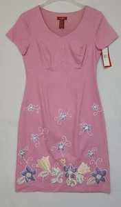 Vtg Sangria Pink Linen Blend Floral Embroidered Sheath Dress Size 10 (Q3) - Picture 1 of 7