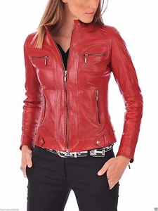 Red Women's Lambskin Soft Real Leather Jacket Motorcycle Slim fit Biker Jacket - Picture 1 of 4