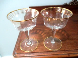 Glastonburry Lotus crystal hand blown sherbet champagne 22 kt gold rims set of 2 - Picture 1 of 12