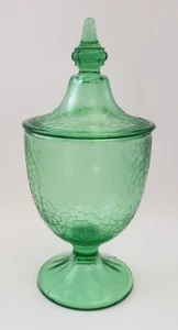 L.E. Smith Green Depression Glass Footed Candy Dish + Lid Molded Crackle Pattern - Picture 1 of 12