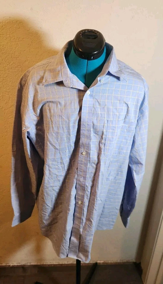 Lands End Dress Shirt Button Up Size 16.5/34 Blue/Yellow Plaid Supima - Image 1 of 3