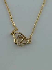 Goldfarbene Doppelherz Halskette mit Kristallen verstellbare Kette Neu mit Etikett Etui - Bild 1 von 5