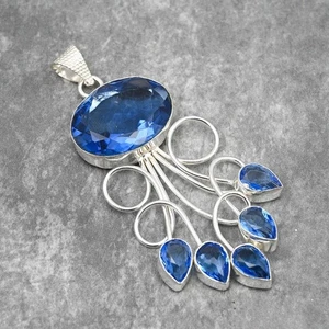 Blue Tanzanite Gemstone Handmade 925 Sterling Silver Jewelry Pendant Size-2.4" - Picture 1 of 5