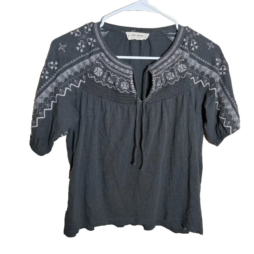 Lucky Brand Blouse Women's XS Gray V-Neck Boho Embroidered Casual Shirt Top - Image 1 of 4