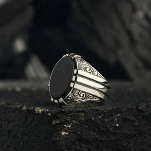 Schwarzer Achat Herren Silber Ring - Naturheilstein - Handarbeit Osmanisch - Bild 1 von 6