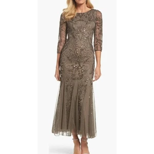 Pisarro Nights Illusion Sleeve Beaded A-Line Gown Women 14 Petite Brown Beaded - Picture 1 of 13