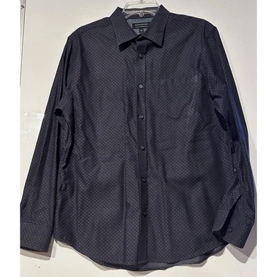 Camisa social masculina Banana Republic L algodão botão para baixo manga longa azul marinho geométrica - Imagem 1 de 4
