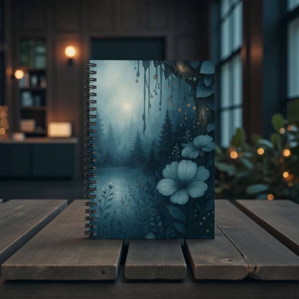 Moody Blue Wilderness Forest Lake Spiral Notebook | Copper Toned Floral Accents - Image 1 of 1
