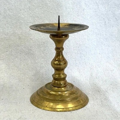 Vintage solid brass 5 inch pillar candlestick with center spike Made in India - Image 1 of 4