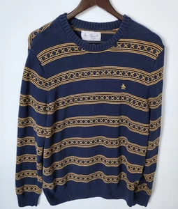 Penguin Dark Sapphire Gold Striped Sweater Mens XL 100% Cotton Ribbed Hem Cuffs - Picture 1 of 11