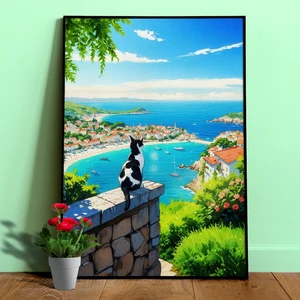 Black and White Cat Poster – Mediterranean Coastal Wall Art, Italian Seaside - Picture 1 of 13