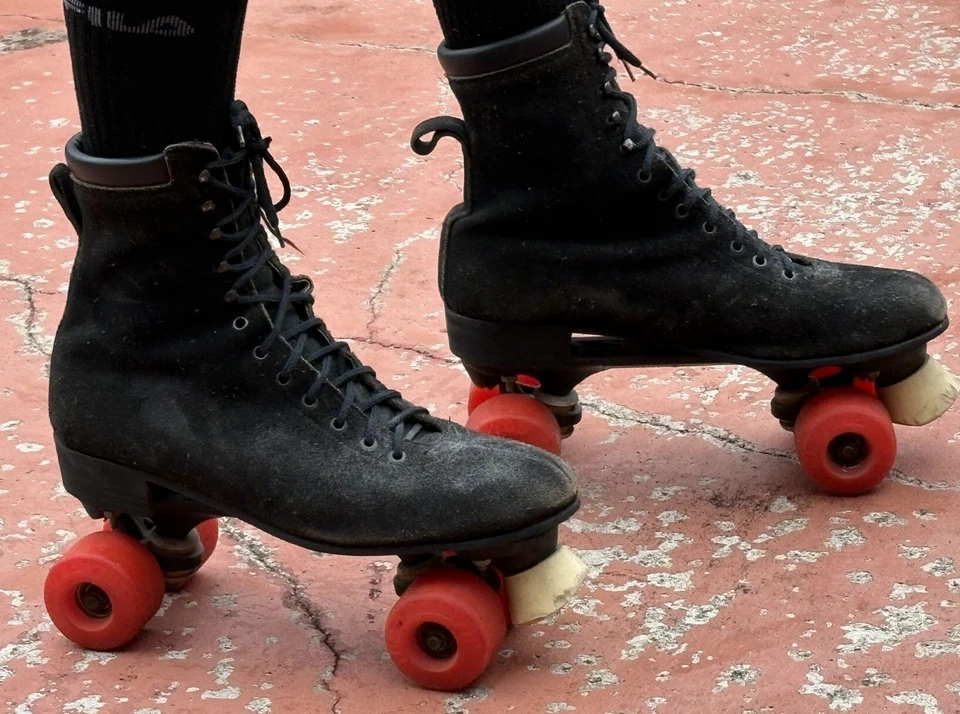 Vintage 1970's Black Suede Leather Roller Skates CARBON PLATES Size 11    11.5 - Image 1 of 4
