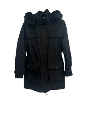 Chaqueta parka resistente al agua DKNY para mujer grande negra bolsillos piel con capucha cremallera completa Foto 1 de 4