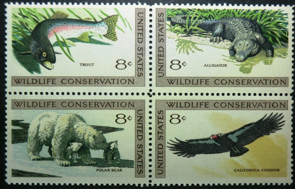 1427 - 1430 MNH 1971 8c Wildlife Conservation B4 Trout Polar Bear Condor Gator - Image 1 of 1