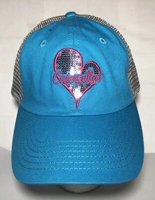 CATERPILLAR Blue Grey Mesh Embroidered Pink Heart Logo Cowgirl Trucker Hat Cap - Image 1 of 4