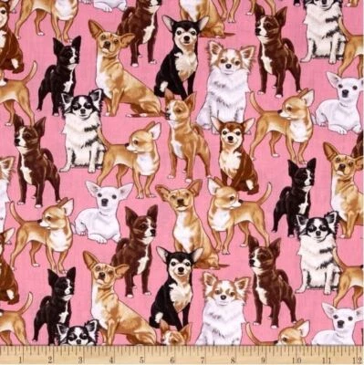 Chihuahuas Pure Bred Pups Pink Background Cotton Quilting Fabric 1/2 YARD - image 1 of 3