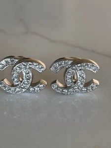 New AUTH CHANEL Crystal Classic CC Logo Earrings Silver Tone with Box - Picture 1 of 15