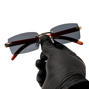 Rimless Gray Tint Gold Frame Woodgrain Shades Men's Hip Hop Sunglasses - Picture 1 of 5