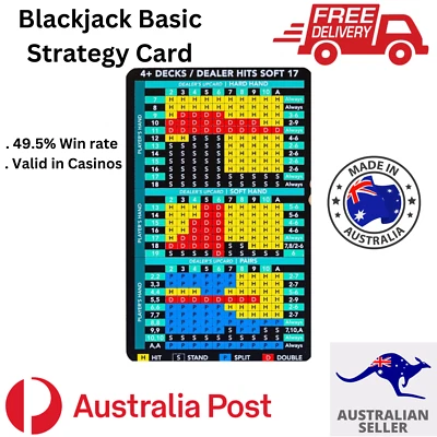 Blackjack 21 Basic Strategy Laminated Card 49.5% Win Casino AU Wallet Size - image 1 of 3