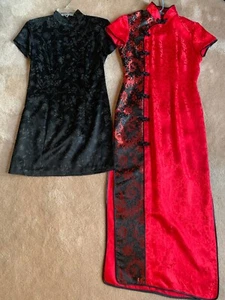 CHINESE STYLE DRESSES (2) ONE RED LONG W/SLIT SIDES SZ M & ONE BLACK SHORT SZ 7 - Picture 1 of 12