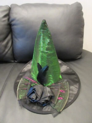Witch Hat Purple Green Iridescent Boutique 15x16 Black Roses Bow MINT - Image 1 of 4