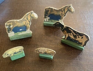 Antique Litho Cardboard FARM ANIMALS on Wood Stands: 2 pigs, 2 horses, 1 cow - Picture 1 of 2