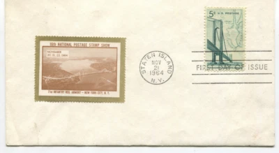 1964 Verrazano-Narrows Bridge 5¢ FDC Staten Island NY Nat’l Stamp Show Label - Image 1 of 2