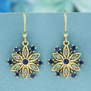 9K Gold Natural Blue Sapphire Opal Vintage Floral Cluster Earrings Gift for her - Picture 1 of 6