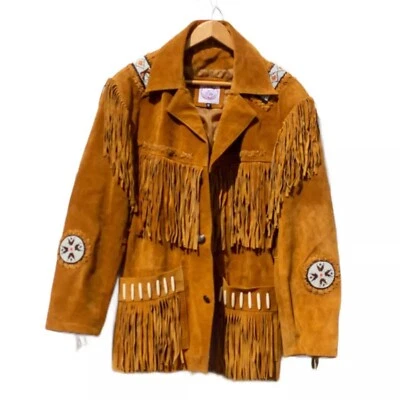 Jaqueta de franja de camurça com miçangas indígenas americanas douradas, roupa do Velho Oeste - Imagem 1 de 4