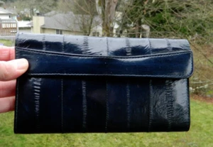 Genuine Eel Skin Wallet Clutch Checkbook Dark Blue Card Slots Korea Vintage - Picture 1 of 17