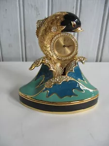 Novelty Desk clock Figural Dolphin w enamel & Rhinestones FRANCE Gontie Quartz - Picture 1 of 8