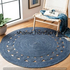 Round Blue Color Jute Rug Hand Braided Rug Bohemian Jute Rug 7 Feet Area Rag Rug - Picture 1 of 4
