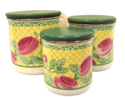 Villeroy and Boch Rose Canister Set of Three Yellow Green and Pink with Lids - Image 1 of 4