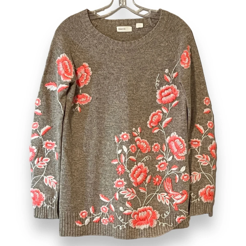 Anthropologie Sleeping on Snow Embroidered Knit Sweater Small Petite SP Wool Ble - Image 1 of 4