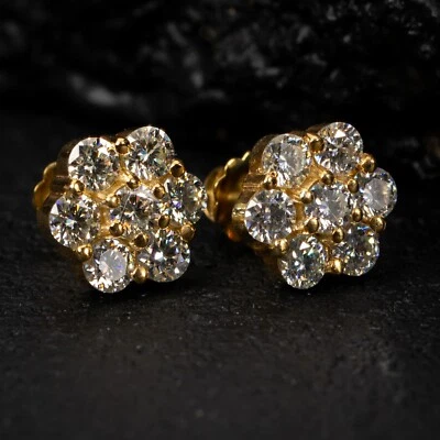 Large Moissanite Flower Cluster Yellow Gold 925 Sterling Silver Stud Earrings - Image 1 of 4