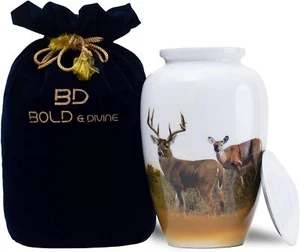 BOLD & DIVINE Hand Painted Deer Grazing Cremation Urn | Human Multicolor  - Picture 1 of 7