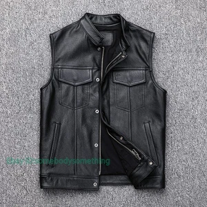 Men's 100% Real Cowhide Motorcycle Vest  Genuine Leather Sleeveless Waistcoat - Picture 1 of 17