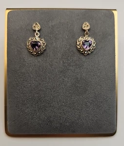 Sterling Silver 925 Amethyst & Marcasite Heart Earrings - Picture 1 of 11