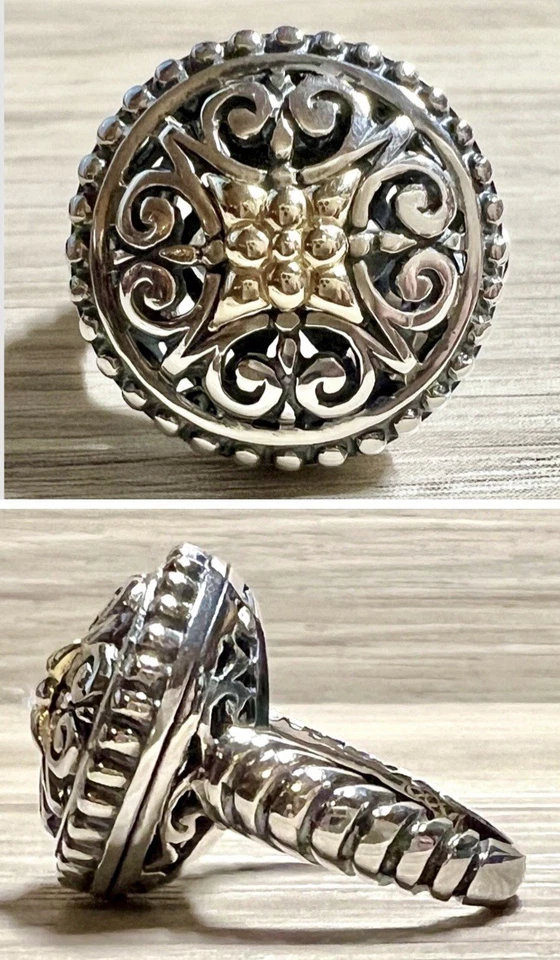 Designer Signed AE Sterling Silver & 14K Yellow Gold Filligree Ring, Size 7 - Image 1 of 4
