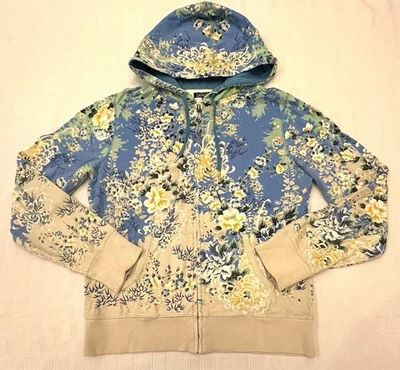 Lucky Y2K Blue Boho Asian Floral Full Zip Hoodie Sweatshirt French Terry Large - Image 1 of 4