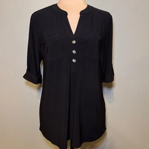 Blusa negra vintage Ann Klein con detalles dorados talla grande cuartos mangas enrollables - Imagen 1 de 7