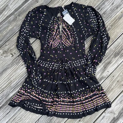 Mini Vestido Free People OB736059 Coryn Manga Larga Negro Combo Multicolor Talla 6 Foto 1 de 4