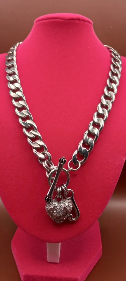 Vintage Juicy Couture Pave Crystal Rhinestone Heart Toggle Charm Necklace Y2K - Image 1 of 4
