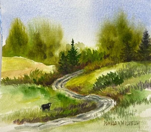 7”x7” Pamela Wilhelm Original Watercolor Cow Landscape Pines Hill Rutted Road - Picture 1 of 3