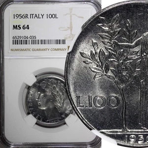 Italy Stainless Steel 1956 R 100 Lire large type NGC MS64 KM# 96.1 (035) - Picture 1 of 5
