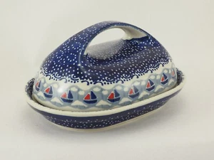 B-Ware Bunzlauer Keramik Butterdose  für 250g Butter, blau/weiß/rot (M077-DPMA) - Bild 1 von 7