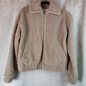 Stradivarius Womens Teddy Boucle Jacket Beige Size Medium Full Zip Pockets - Picture 1 of 19